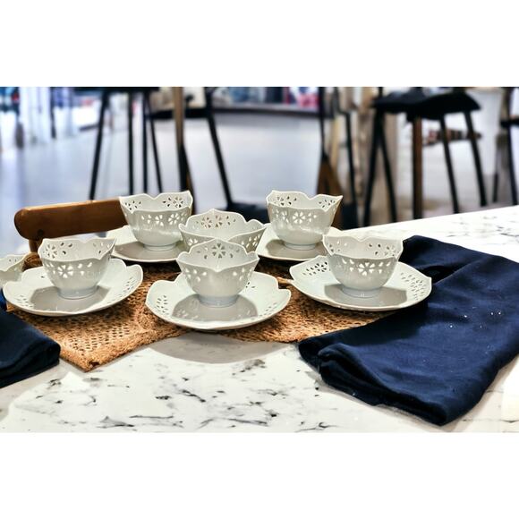 Japanese White Porcelain Cutout Bowl & Saucer Set-17pc-Pier 1 Lotus Accent Plate - Picture 3 of 10